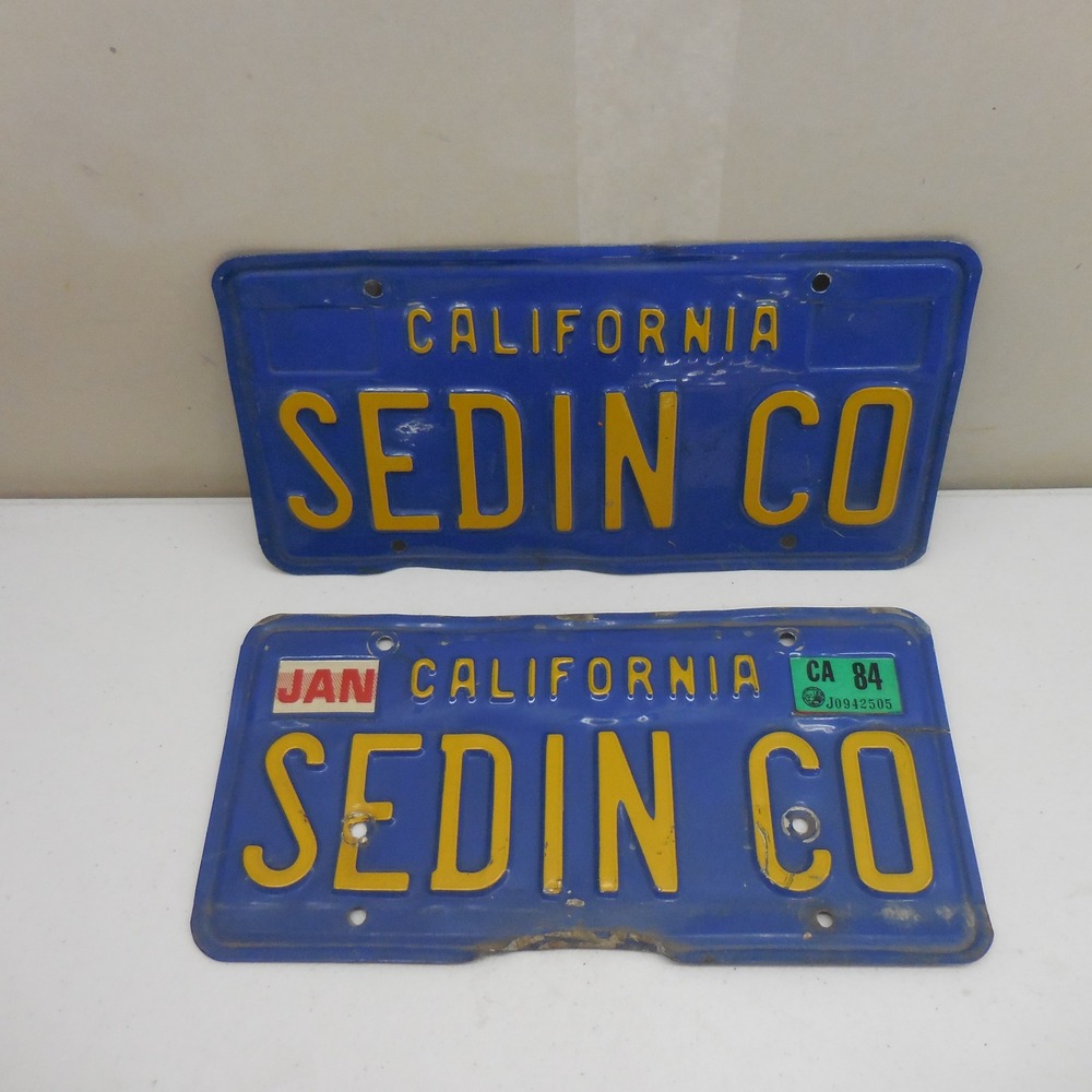 Vintage California Blue License Plates Pair SEDIN CO 1984 Sticker Vanity Decor